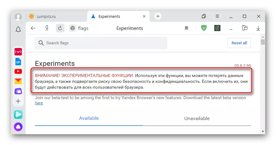 Sekcia s experimentálnymi funkciami prehliadača Yandex