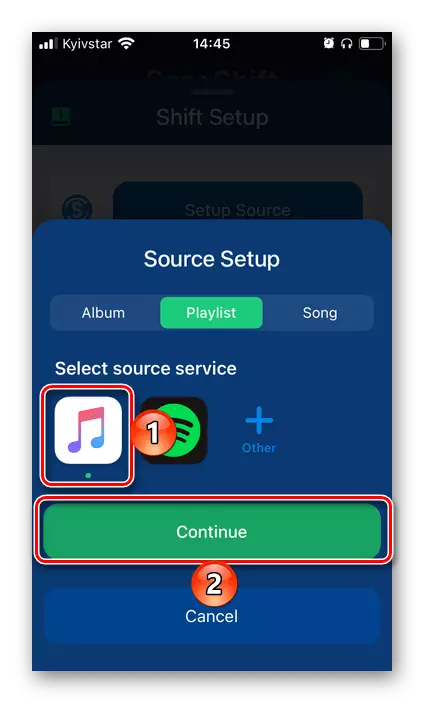 Fonte seleccionada na aplicación SongShift para transferir música de Apple Music a Spotify no iPhone
