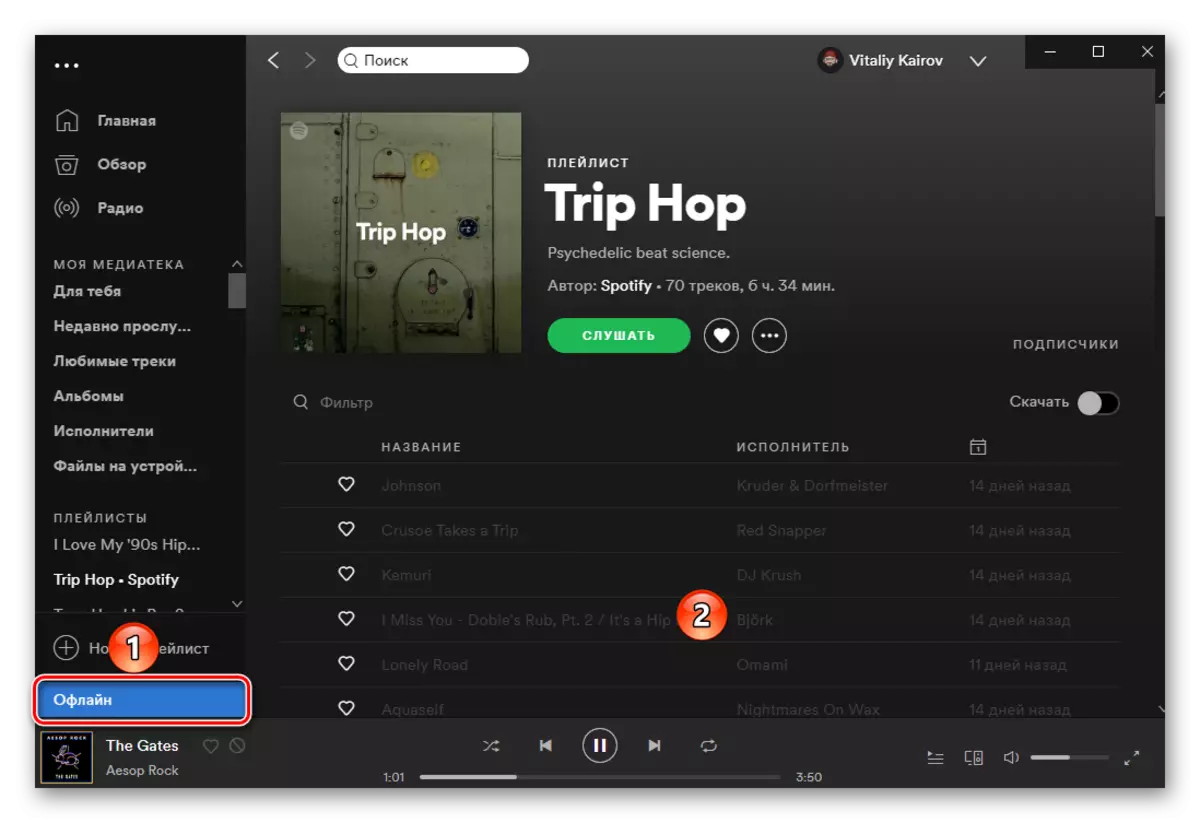 Offline mode in Spotify program for PC