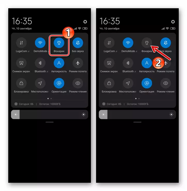 Xiaomi Miui lommelygte slukker ved hjælp af Hurtig adgangspanel (systemgardin) på smartphone