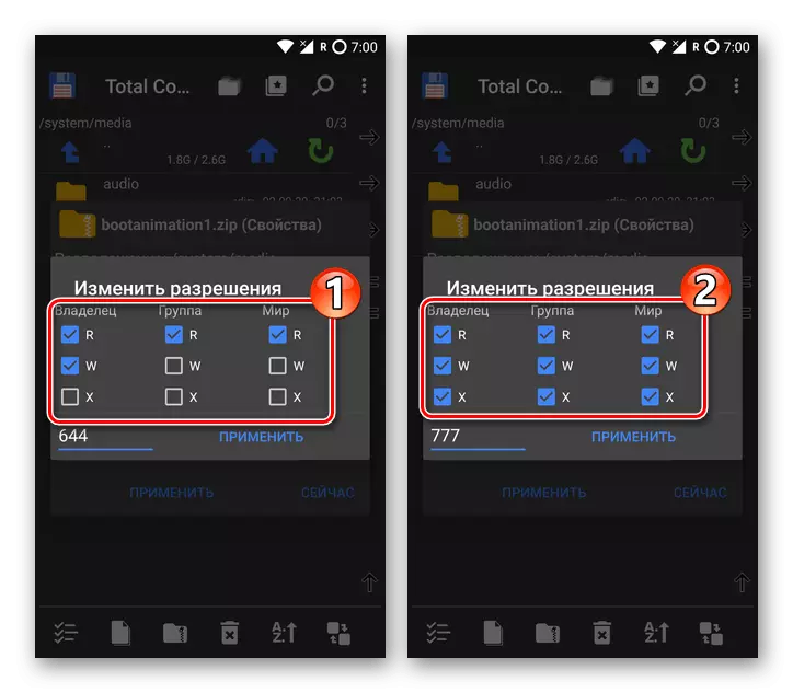 Total Commander per Android - Impostazione dei diritti di accesso 777 al file allineando i segni nella casella di controllo della finestra Risoluzione