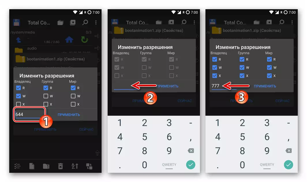 Total Commander untuk Android menyetel hak akses 777 untuk file dengan memasukkan angka di jendela untuk mengubah jendela resolusi