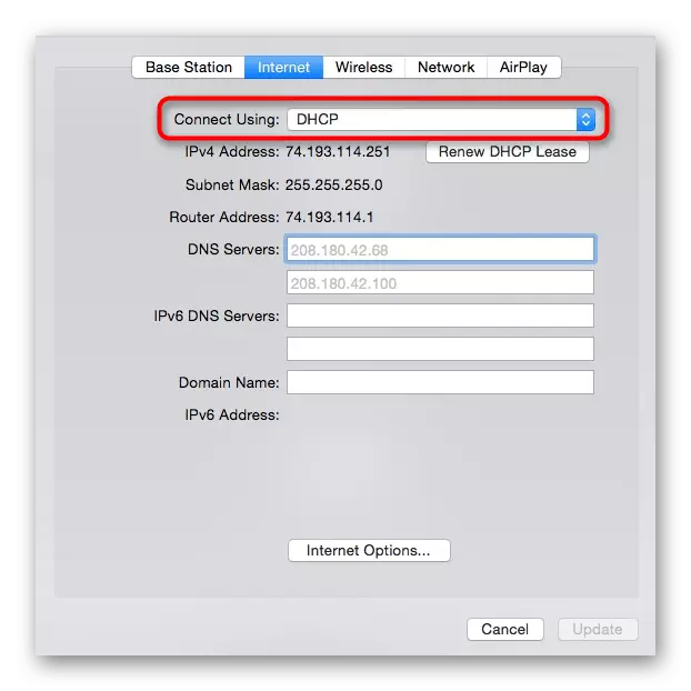 Modalità automatica per ricevere le impostazioni di rete per il router Apple attraverso l'applicazione