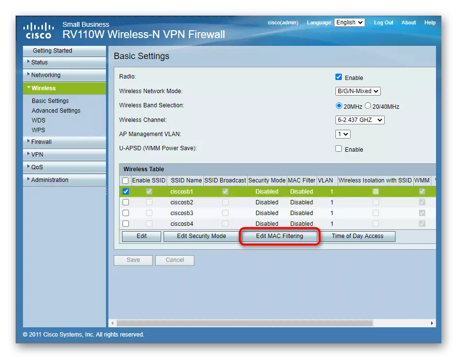 Cisco Wireless Routher Access Filtering Parametrlər keçid