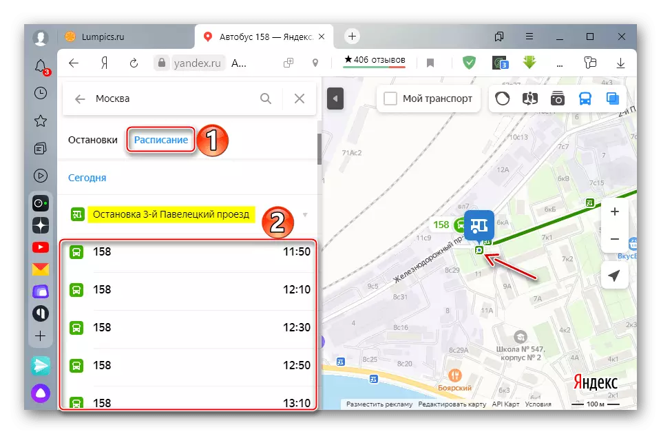 Programma di bus per fermate in Yandex Maps