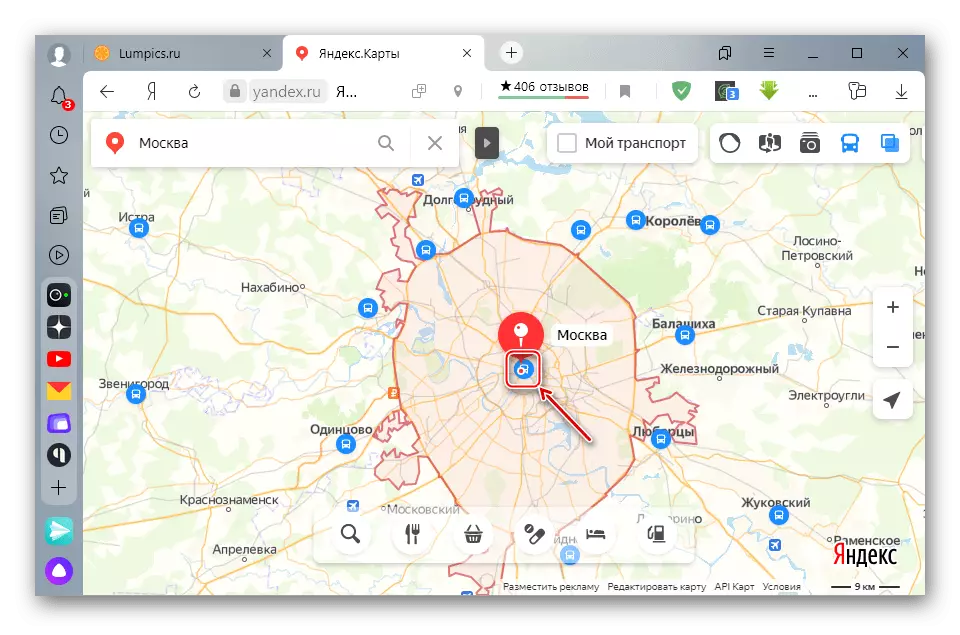 Яндекс карталарында жамааттык транспорттук аймакты тандоо
