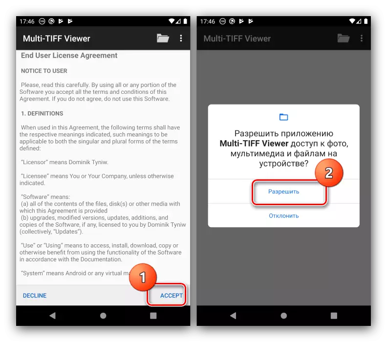 Aceite Acordo e Permitir Acesso Multi-Tiff Viewer Grátis para abrir TIFF no Android