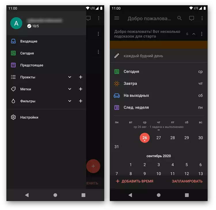 Interfaccia applicazione di gestione del tempo todoist su Android