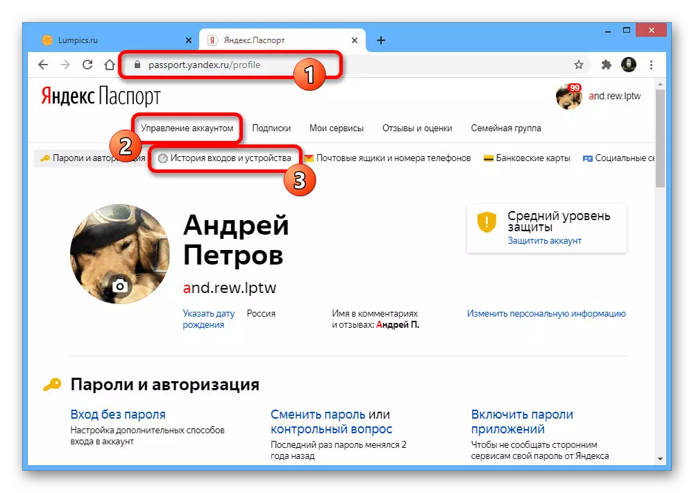 Yandex web sitesindeki ayarlarda girdi ve cihazların tarihine gidin
