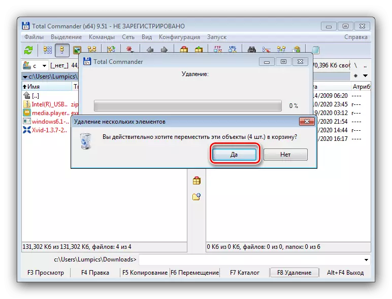 Apstipriniet failu pārsūtīšanu uz grozu, lai tīrītu lejupielādes operētājsistēmā Windows 7, izmantojot kopējo komandieri