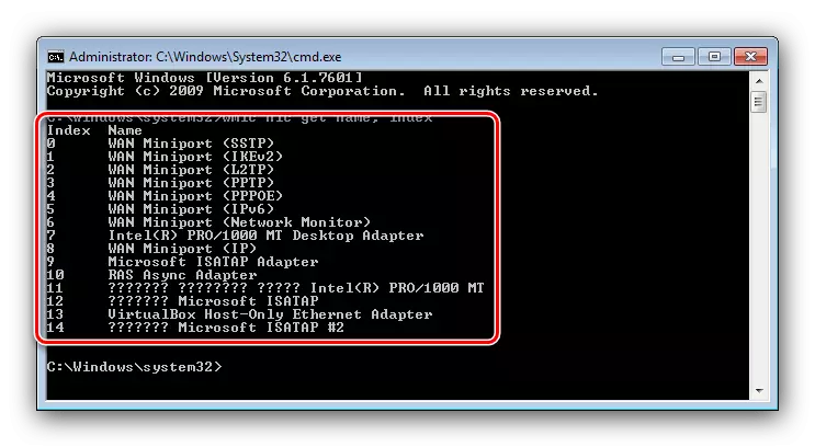 Քարտի սահմանումը `Windows 7-ի ցանցի ադապտորը միացնելու համար հրամանի տողի միջոցով