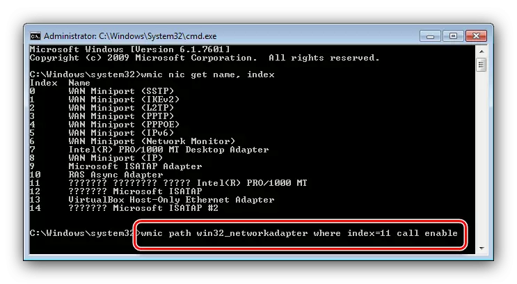 Operatörer för att aktivera en nätverksadapter på Windows 7 via kommandoraden