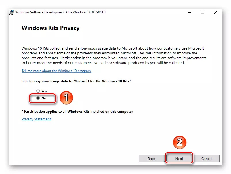 Activación da prohibición de enviar estatísticas en Microsoft durante a instalación do paquete SDK en Windows 10
