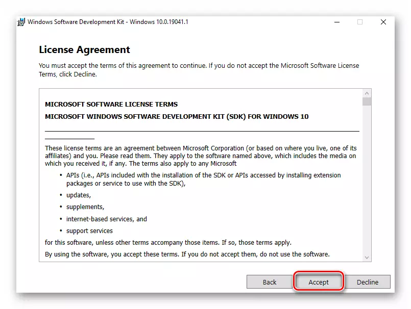 Windows 10-da SDK paketini o'rnatish paytida litsenziya shartnomasini olish