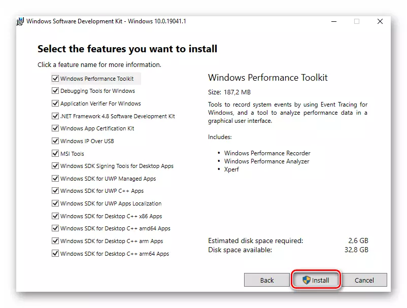 Valg af komponenter til installation under installationen af ​​SDK-pakken på Windows 10