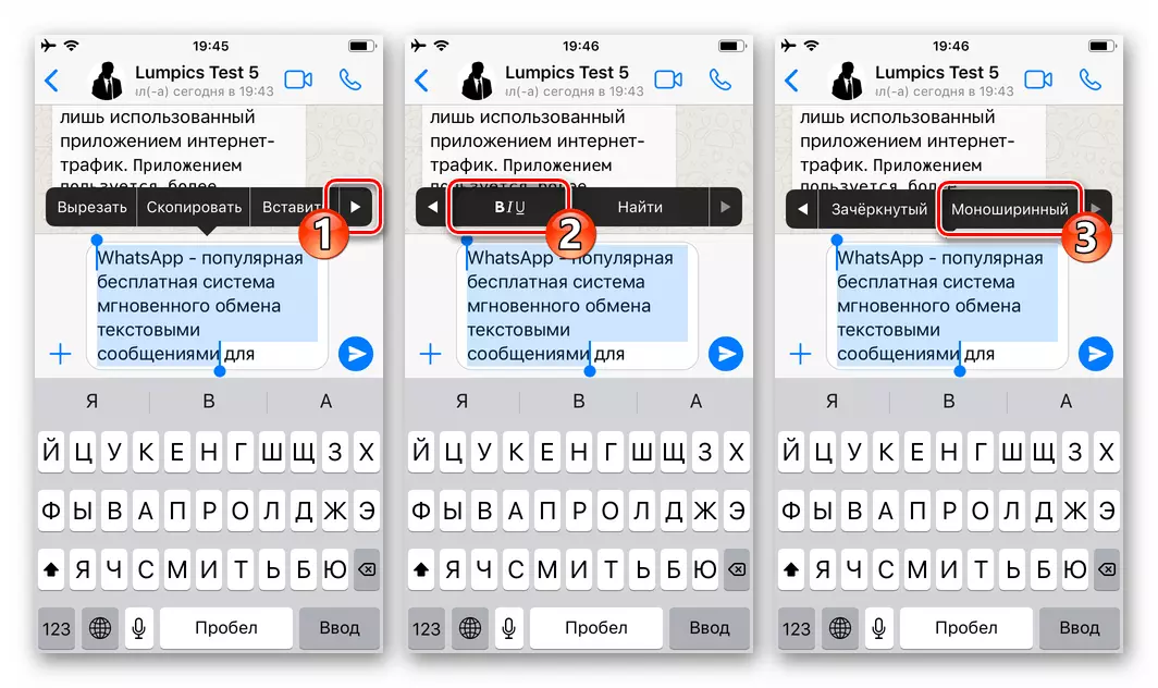WhatsApp на iPhone зміна шрифту фрагмента повідомлення за допомогою контекстного меню (моно)