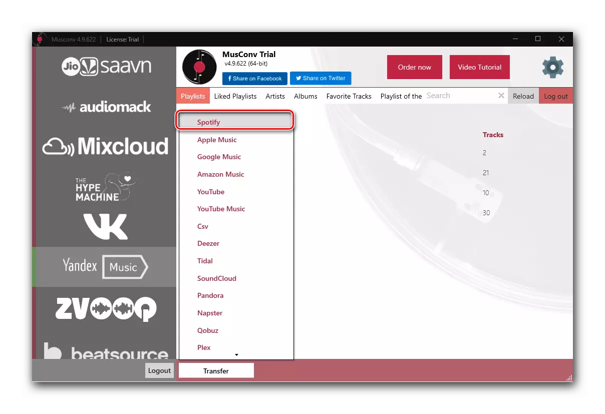 Die Wahl der Zielplattform im Musconv-Programm zur Übertragung der Bibliothek von Yandex.mussels in Spotify auf dem PC