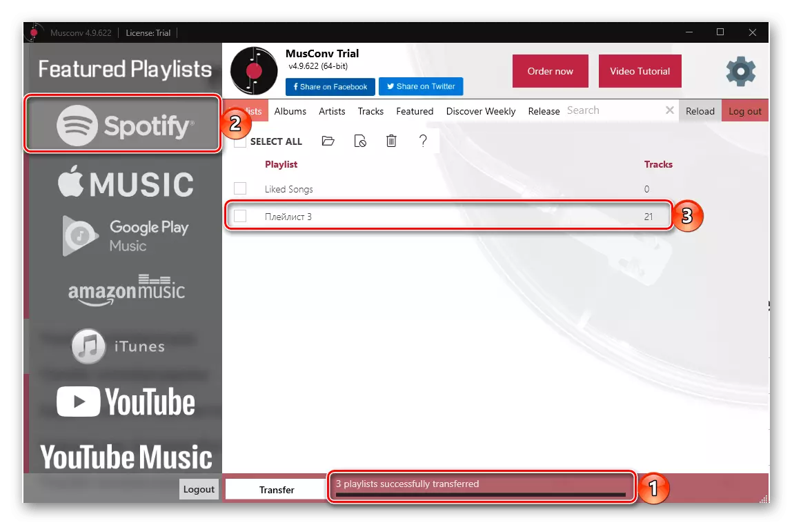 PC'de Spotify'deki Yandex.Muski'den bir kütüphaneyi devrederken Musconv'un ücretsiz sürümünün sınırlamalarının gösterilmesi