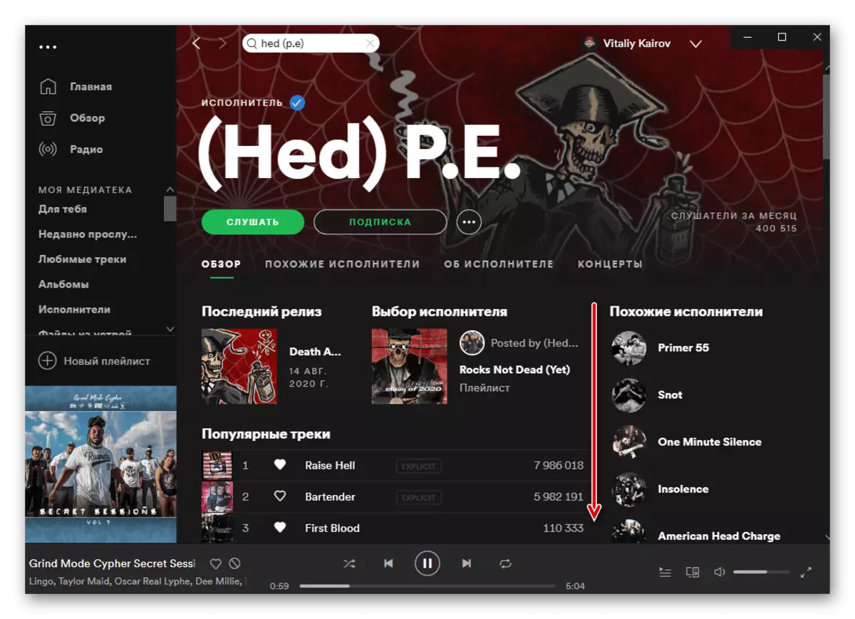 View the page found artist in Spotify program for PC
