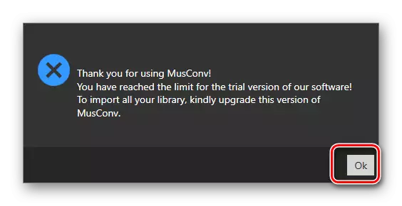 Notificació Lyer en el programa MUSCON per transferir música de VKONTAKTE a Spotify on PC