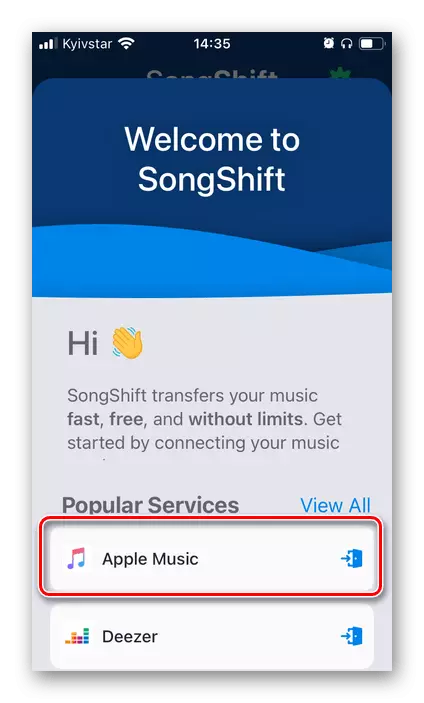 Pemilihan dalam aplikasi Apple Music Songshift untuk pemindahan muzik ke Spotify pada iPhone