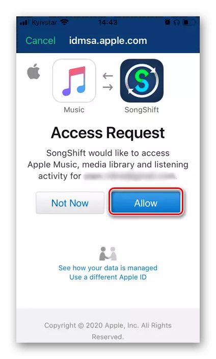 Omogućite pristup aplikaciji Songshift na Apple Music Service za prenos muzike u Spotify na iPhoneu
