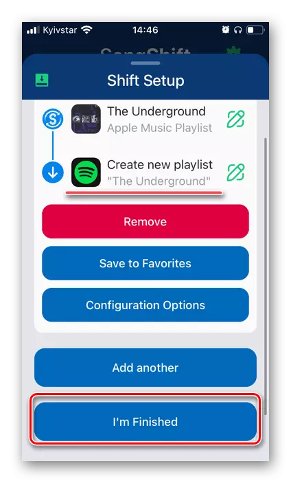 Transizione alle esportazioni nell'applicazione Songshift per trasferire musica da Apple Music per Spotify su Iphone