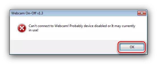 Poruka o uspješnoj isključenja web kamere na Windows 7 preko kamere On-Off