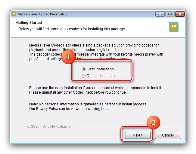 Izbor Media Player Codec Pack Možnosti namestitve za vgradnjo kodekov na Windows 7