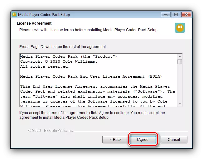 Aceptar el contrato de licencia de Media Player Codec Pack para la instalación de codecs en Windows 7