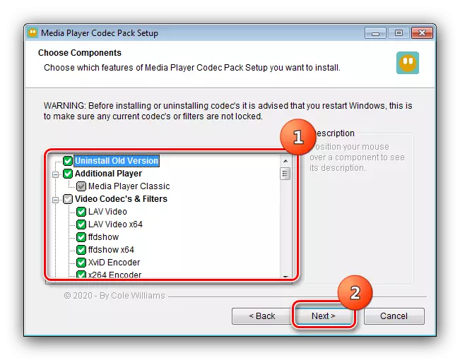 MEDIA Player Codec Panel Paigaldus elemendid paigaldamiseks koodekide Windows 7