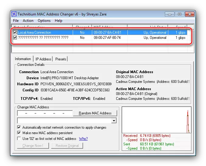 Windows 7'deki MAC adresini Technitium Mac Adress Changer üzerinden değiştirmek için adaptörü seçin