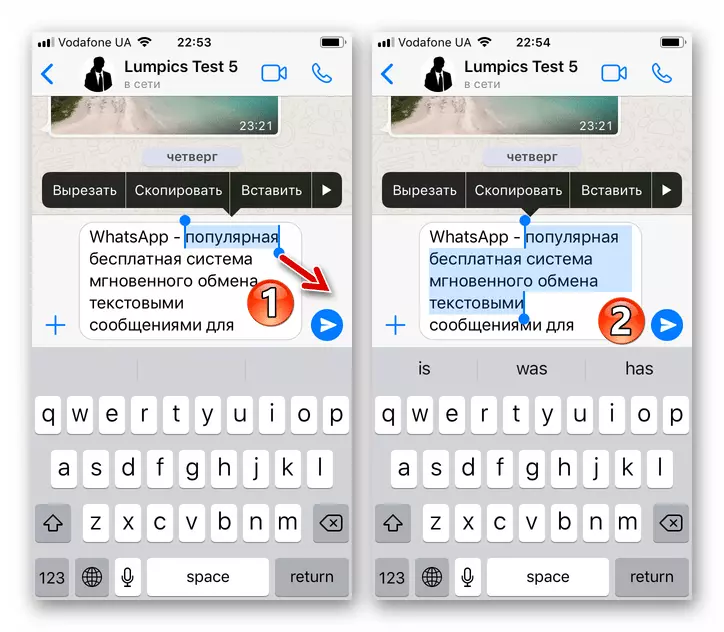 Whatsapp para sa pagpili ng iPhone ng isang fragment ng ilang mga salita kapag nagpapadala ng isang mensahe sa pagpapadala sa pamamagitan ng mensahero