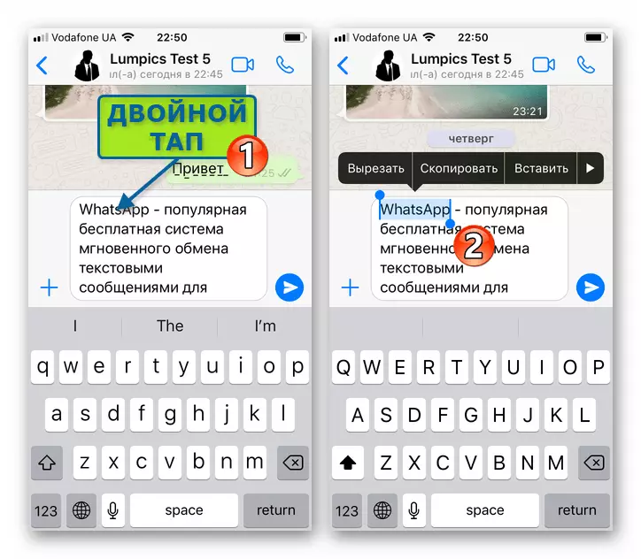 WhatsApp za iPhone odabir zasebne riječi iz poruke pripremljenog za slanje putem glasnika