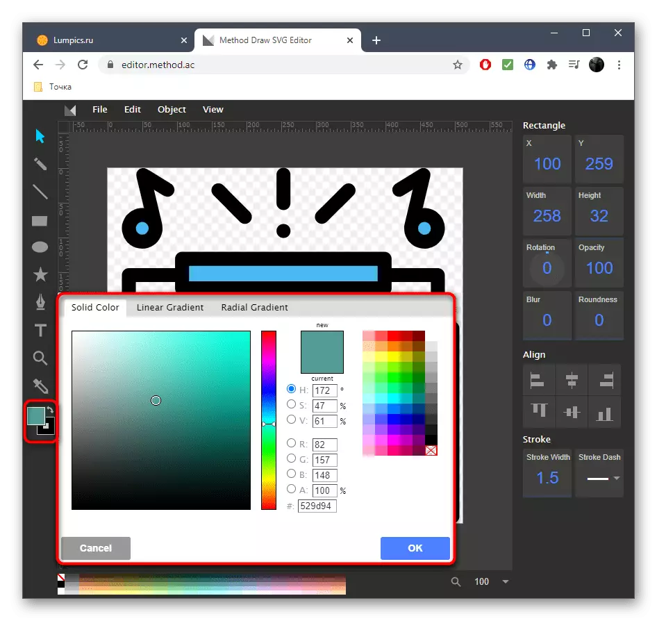 Paleta sa boje prilikom uređivanja SVG putem online usluge Način
