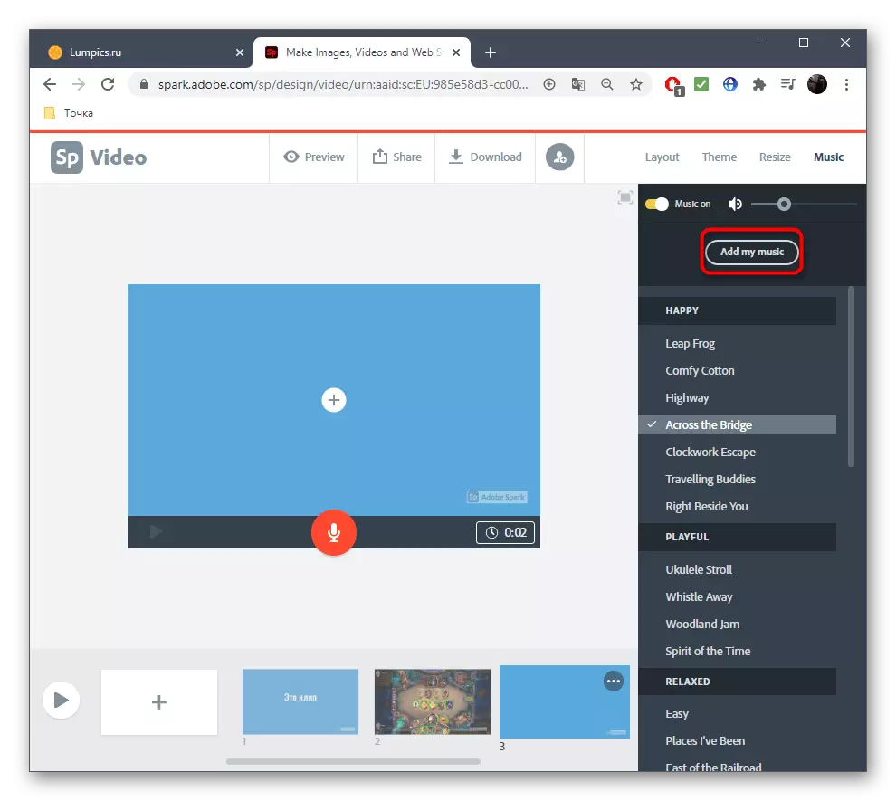 Načítání hudby pro klip přes online službu Adobe Spark