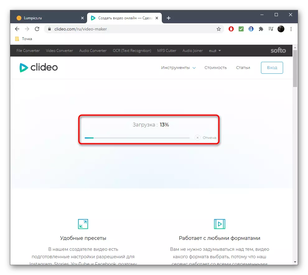 Proses unduhan video untuk membuat klip melalui layanan Clideoo online