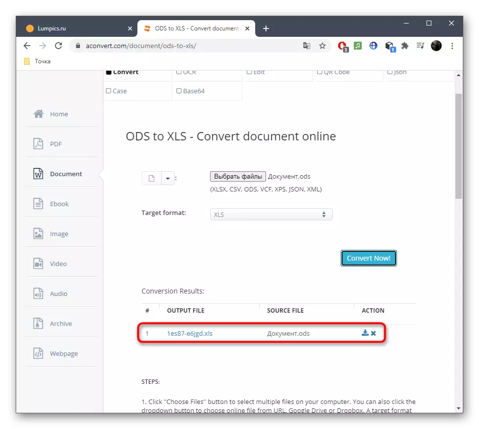 Επιτυχής μετατροπή του αρχείου ODS σε XLS μέσω της υπηρεσίας Aconvert Online