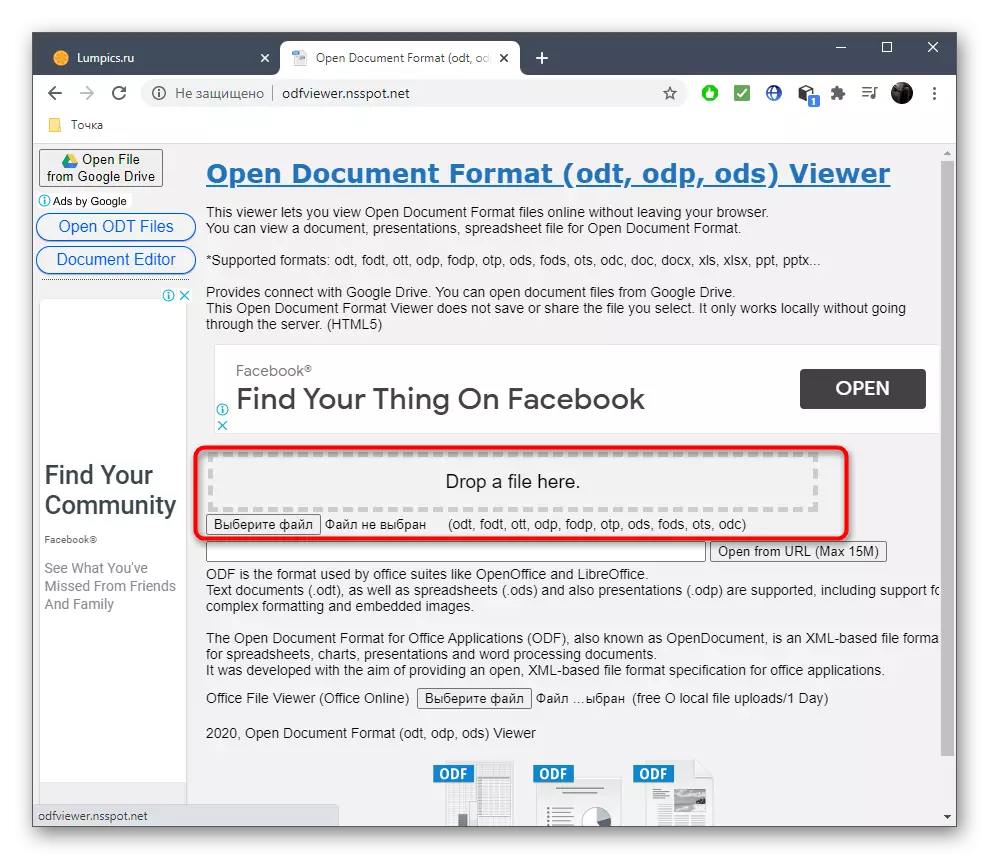 Odfviewer آن لائن سروس کے ذریعے کھولنے کے لئے ODS فارمیٹ فائل کے انتخاب پر جائیں.