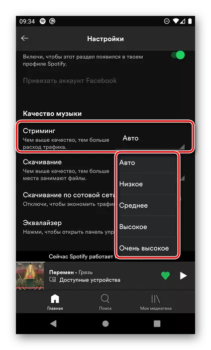 Android үшін мобильді қосымшаның Spotify параметрлеріндегі музыканы кесу сапасын анықтау