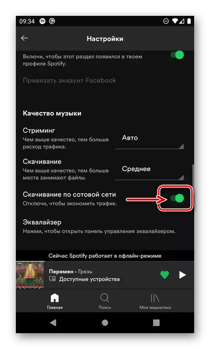 Дазволіць запампоўка аўдыё па сотавай сеткі ў дадатку Spotify для Android