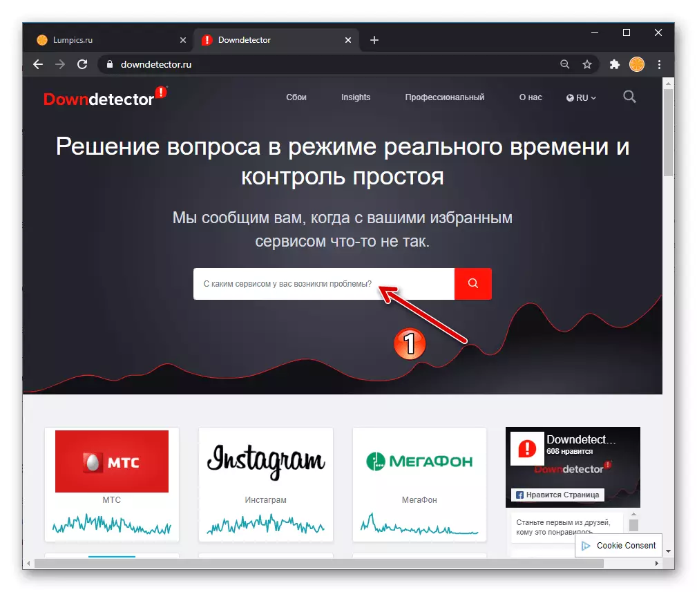 Downdettor.ru-да WhatsApp қызметін іздеу өрісі