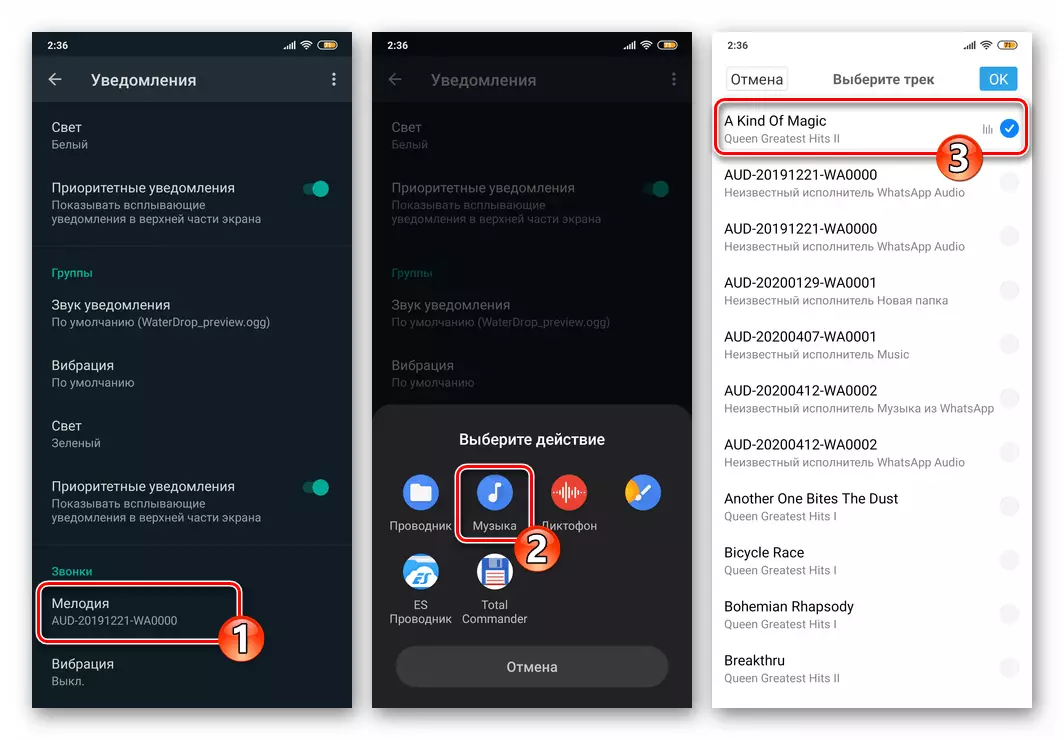 WhatsApp pour Android Sélection d'une piste installée comme des appels de sonnerie depuis le messager
