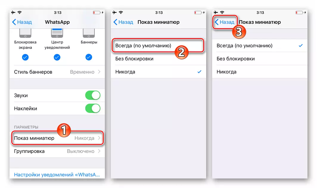 IPhone үшін whatsapp үшін IOS параметрлеріндегі Messenger-ге миниатюралық хабарландырулар дисплейін теңшеу