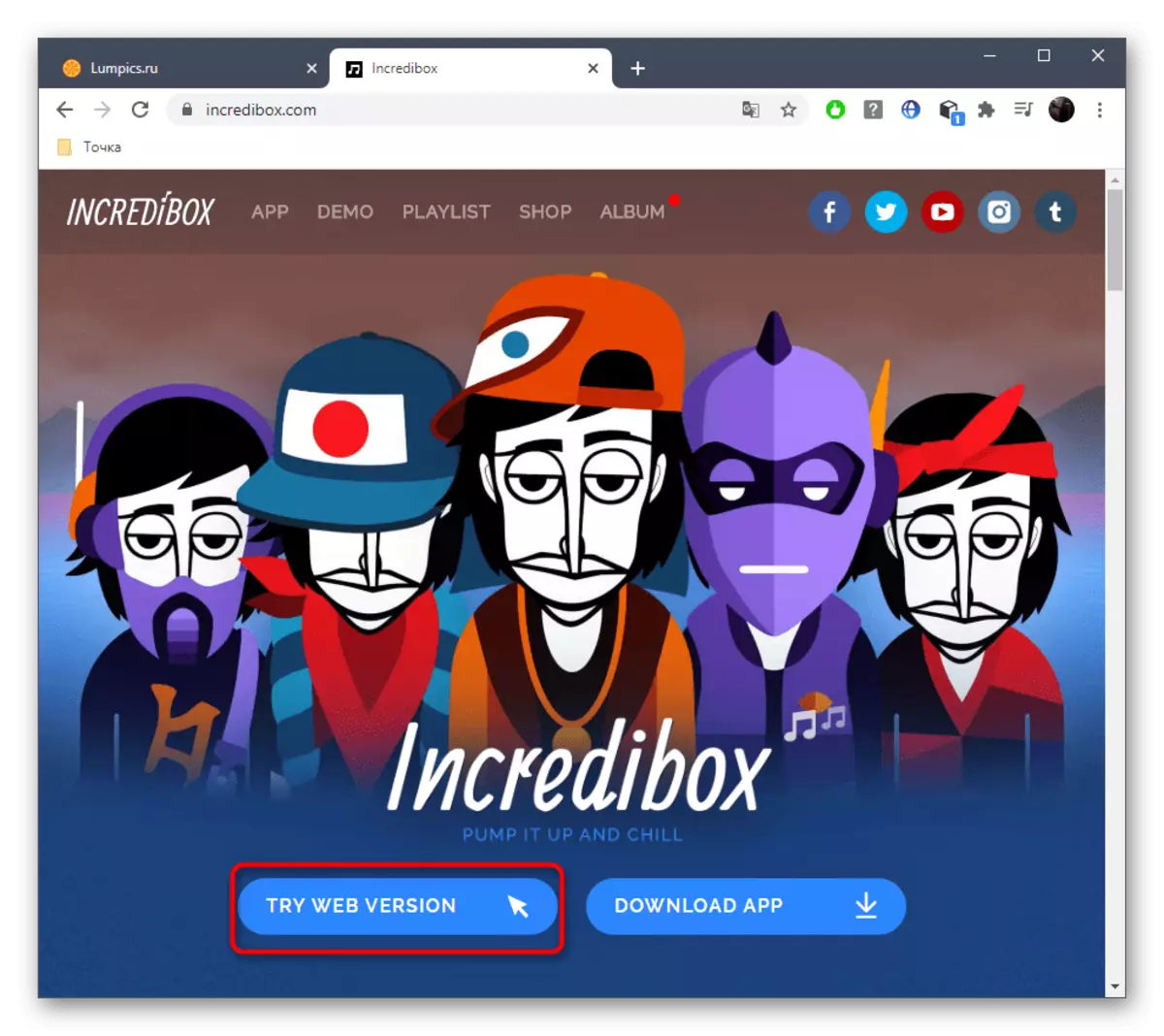 Spustenie webovej verzie online služby Incredibox na vytvorenie bitovej schránky