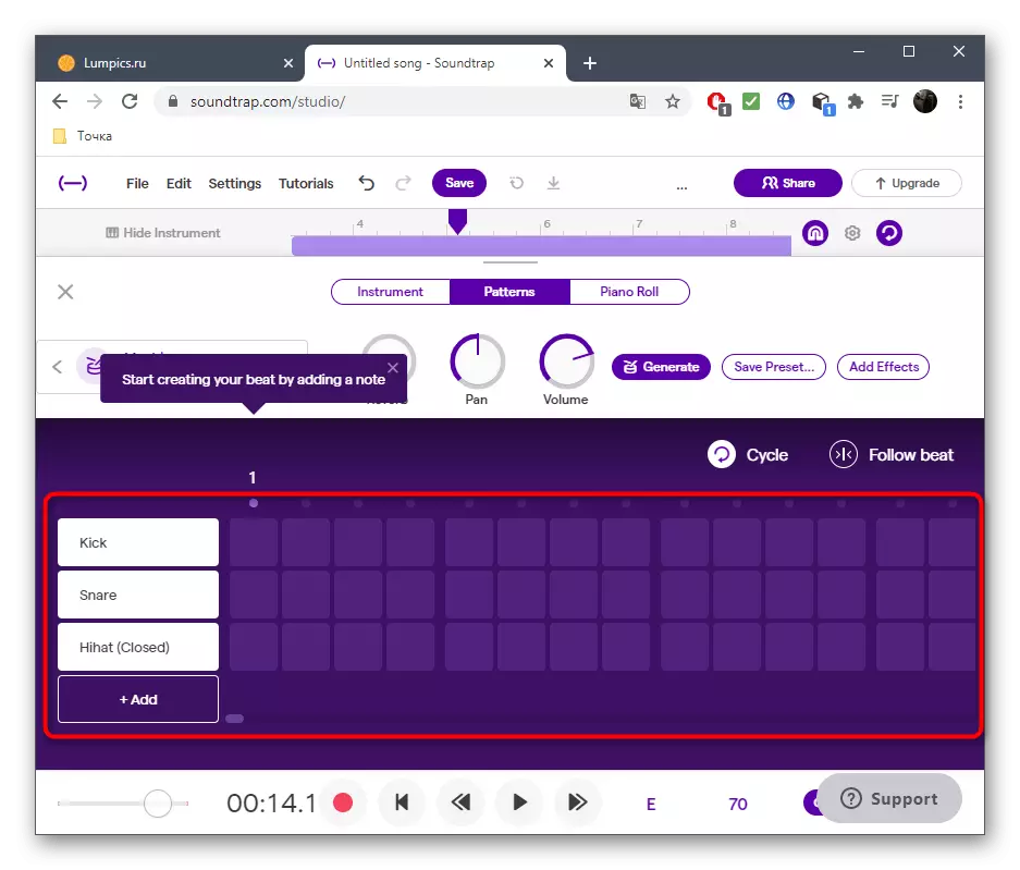 Soundtrap онлайн кызматка Dubstep стилиндеги көз түзүүдө барабан партиясы орнотулууда
