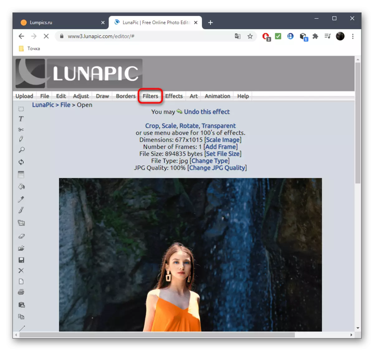 Перехід до вибору ефекту для накладення негативу на фото через онлайн-сервіс LunaPic