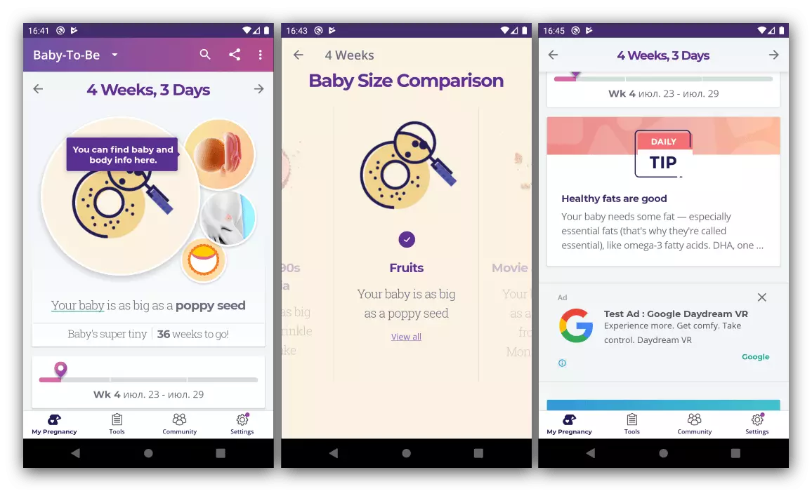 Kalinder, grutte en tips yn 'e applikaasje foar swangere froulju wat te ferwachtsje