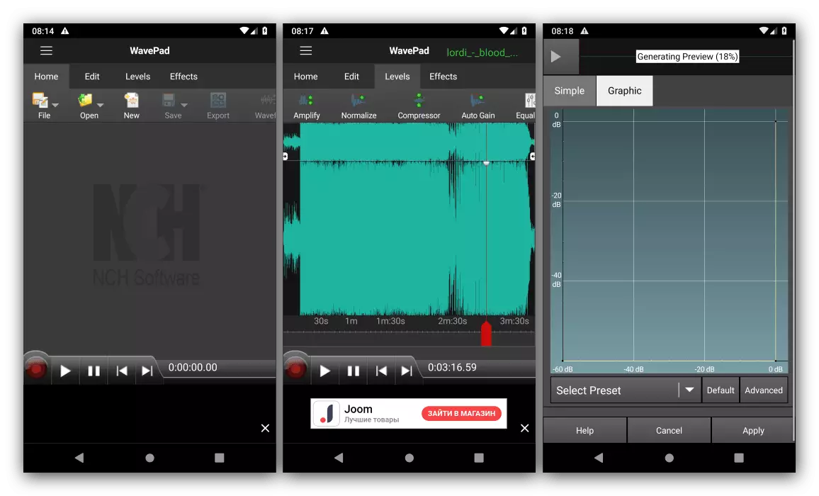 Nodweddion arddangos gwybodaeth yn y golygydd sain ar gyfer Golygydd Audio Android Wavepad