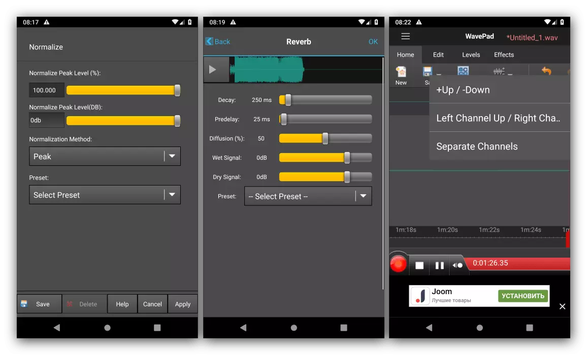 Os efeitos da sobreposição na faixa no editor de áudio do Android WavePad Audio Editor